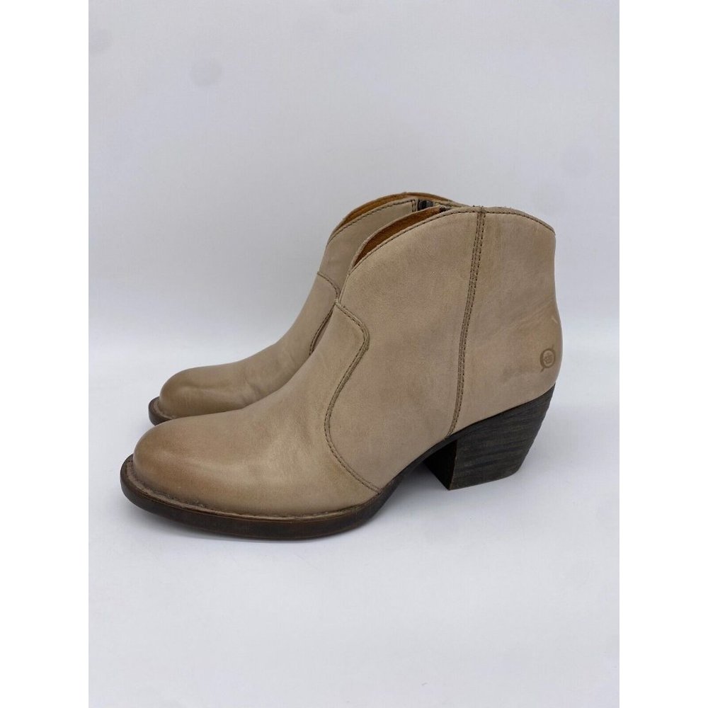 Born Boots Womens 8.5 M Beige Leather Blocked Heels Zip Ankle Booties D89717